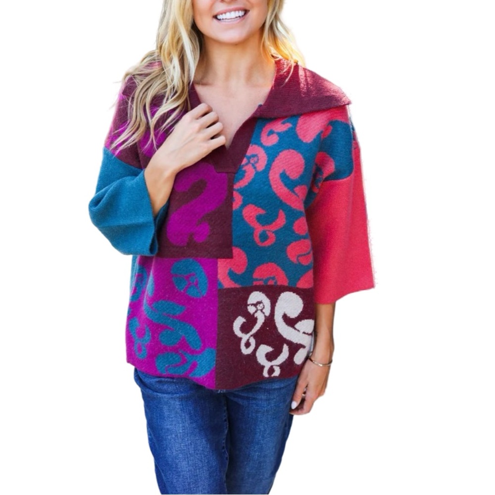 NEW ENTRO FEELING YOUR BEST WINE ABSTRACT PRINT COLOR BLOCK V NECK SWEATER - Picture 5 of 7